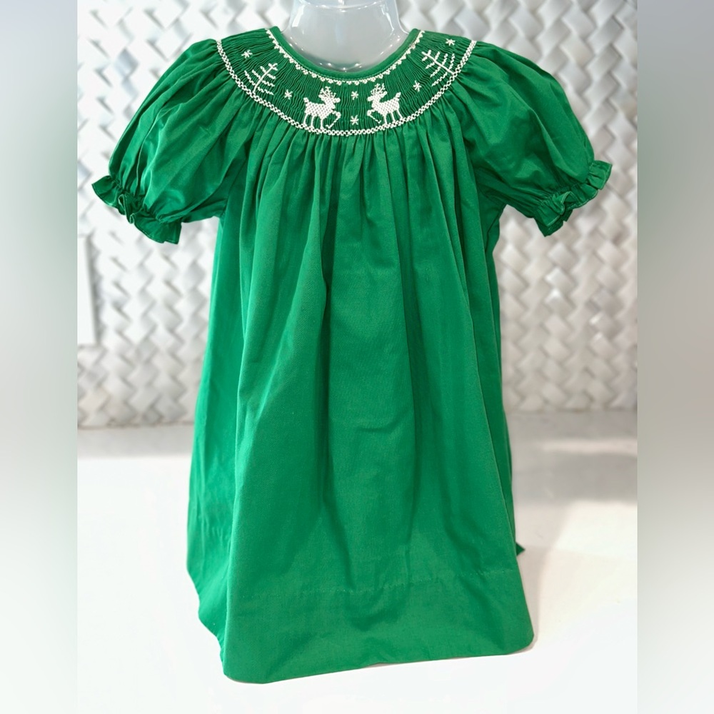 GREEN SMOCKED REINDEER BISHOP DRESS